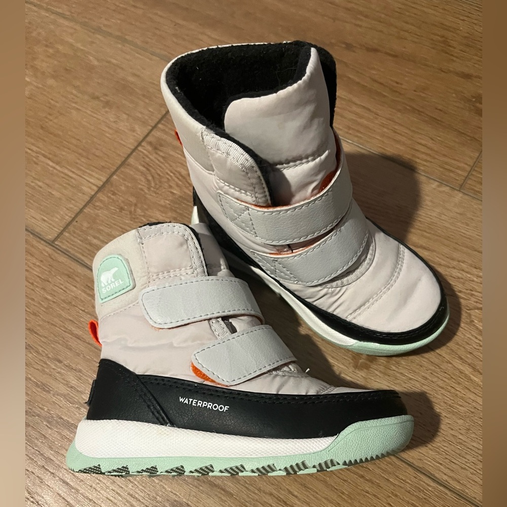 Sorel Kids Waterproof Gray and Black Boots with Mint Accents